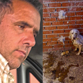 El cazador acusado y uno de los perros maltratados hallado en el registro a su finca. EL REFUGIO