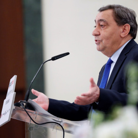 El fiscal general del Estado, Julián Sánchez Melgar, durante su intervención en un desayuno informativo que ha protagonizado en Madrid. EFE/ Chema Moya