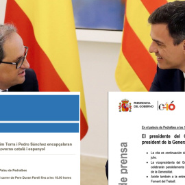Imagenes de los comunicados enviados por la Generalitat de Catalunya y por el Palacio de la Moncloa, sobre la reunión de Quim Torra y Pedro Sánchez en Barcelona.