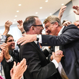 01/09/2019.-  Los dirigentes de Alternativa por Alemania (AfD) celebrando las encuestas de las regionales. / EFE/EPA/FILIP SINGER