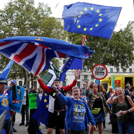 Ciudadanos contrarios al brexit se manifiestan enfrente de la residencia del primer ministro en Londres. /REUTERS