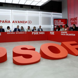 Imagen de la primera reunión tras el verano de la Ejecutiva Federal del PSOE en la sede de la madrileña calle de Ferraz. EFE/Mariscal