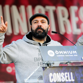 El vicepresidente de Omnium Marcel Maura, durante el acto convocado por la organización soberanista como altenativa  al Consejo de Ministros celebrado en la Llotja de Mar de Barcelona. EFE/Alejandro García