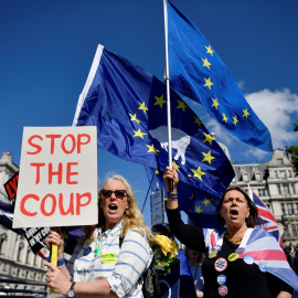 Partidarios de la permanencia del Reino Unido en la UE se manifiestan en el exterior del Parlamento británico, en Londres. EFE/EPA/NEIL HALL