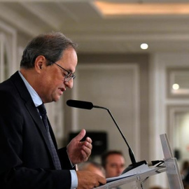 El president de la Generalitat, Quim Torra, duranta la seva conferència a Madrid. EFE / Víctor Lerena