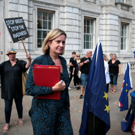 La ministra de Trabajo y Pensiones británica, Amber Rudd, juntao a manifestantes contrarios al brexit. /REUTERS