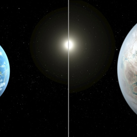 Una ilustración artística compara la Tierra (Izq) con un planeta más allá del sistema solar, llamado Kepler- 452b. El planeta, que es aproximadamente 60% más grande que la Tierra, se encuentra a unos 1.400 años luz de distancia en la conste