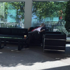 El diputado del Partido Popular Juan Van-Halen duerme la siesta durante el Pleno de la Asamblea de Madrid