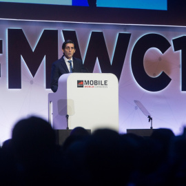 El presidente de Telefónica, José María Álvarez-Pallete, durante la conferencia inaugural del Congreso Mundial de Móviles (MWC en su siglas en inglés), en Barcelona. EFE/Alberto Estévez