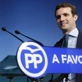 El vicesecretario de Comunicación del PP y diputado por Ávila, Pablo Casado, durante su comparecencia hoy ante los medios de comunicación en la sede del partido en Madrid. EFE/Mariscal