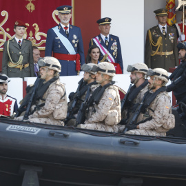 La princesa, el rey Felipe VI, y la reina Letizia, en el desfile del Día de la Fiesta Nacional en Madrid. EFE/ Chema Moya