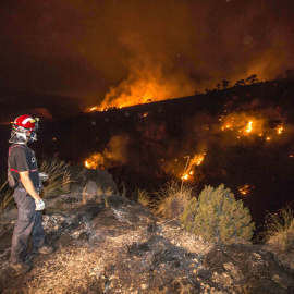 Un bombero observa el incendio forestal en el Cañón de Almadenes, uno de los tres focos activos en la localidad murciana de Cieza. EFE/Marcial Guillén.