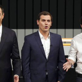 Pedro Sánchez, Albert Rivera y Pablo Iglesias, durante el debate a cuatro en televisión, el pasado 13 de junio. EFE