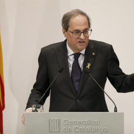 09/01/2019.- El presidente de la Generalitat, Quim Torra, durante la comparecencia que ha realizado hoy en el Palau en la que anunció el ganador del Premio Internacional Catalunya, que ha recaido en el ingeniero norteamericano Vinton Cerf. 