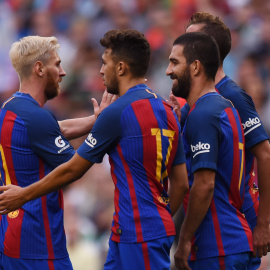 Los jugadores del Barcelona celebran uno de los goles anotados ante el Celtic. - REUTERS