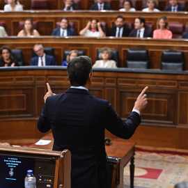 El presidente del Gobierno en funciones, Pedro Sánchez (de espaldas), responde al líder del PP, Pablo Casado, durante la segunda y última sesión de control de esta legislatura celebrada este miércoles en el hemiciclo del Congreso. EFE/Ferna
