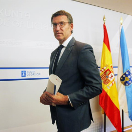 El presidente de la Xunta de Galicia, Alberto Núñez Feijóo, durante el anuncio de la fecha de las próximas elecciones en la Comunidad, que serán el  25 de septiembre, coincidiendo con las vascas. EFE/Xoán Rey