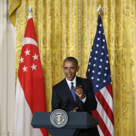 El presidente estadounidense, Barack Obama, durante la conferencia de prensa conjunta con el primer ministro de Singapur, Lee Hsien Loong en la Casa Blanca en Washington. EFE/SHAWN ¡