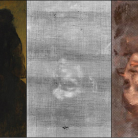 A la izquierda el 'Retrato de una mujer' de Edgard Degas, que esconde invertido el retrato de la modelo Emma Dobigny. A la derecha, representación en falso color el retrato oculto. DAVID THURROWGOOD