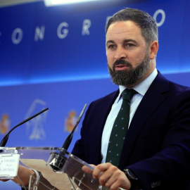 El líder de Vox, Santiago Abascal, durante una rueda de prensa en el Congreso. /EFE