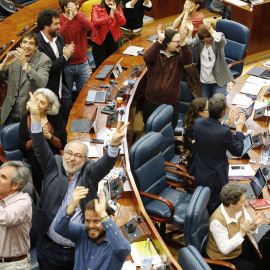 Los diputados de Podemos en la Asamblea celebran el error de Cristina Cifuentes. EFE/J.P. Gandú