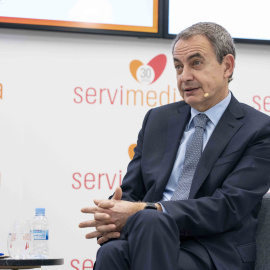 El expresidente José Luis Rodríguez Zapatero, durante un coloquio organizado por la agencia Servimedia.