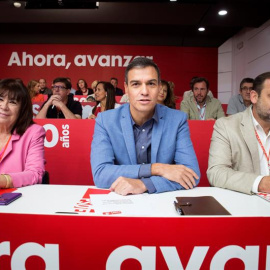 El secretario general del PSOE, Pedro Sánchez (c), reúne este sábado a su Comité Federal, máximo órgano de decisión entre congresos, para desarrollar la estrategia electoral, movilizar el aparato y dar mandato al Comité de listas para elabo