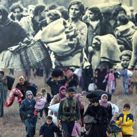 Arriba, Frontera de El Portús, en el Semanario 'Le Patriote Illustré' (5 de febrero de 1939). Fons Xavier Andreu / MUME (La Jonquera). Abajo, refugiados kurdos sirios cruzando la frontera./ AFP