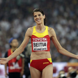 La española Ruth Beitia, tras uno de sus saltos de la final de salto de altura, dentro del Campeonato del Mundo de Atletismo. EFE/Lavandeira jr