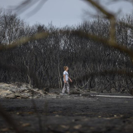 Una mujer camina por la superficie calcinada en la localidad de Vilela durante el incendio forestal de Cualedro ya estabilizado, que ha afectado a otros municipios de Ourense, y arroja un balance provisional de 3.000 hectáreas arrasadas, lo