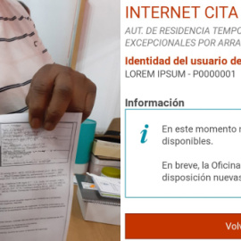 Melo, con la factura del hospital por atender a su hijo.  A la derecha, una Oficina de Extranjería, sin citas disponibles.