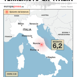 El epicentro del terremoto en Italia. EUROPA PRESS