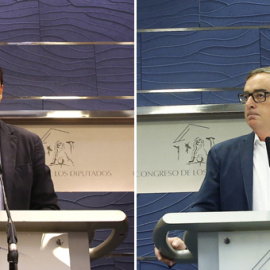 El vicesecretario de Organización del PP, Fernando Martínez-Maillo, y el vicesecretario general de Ciudadanos, José Manuel Villegas, en sus respectivas ruedas de prensa en el Congreso en un receso de las negociaciones del pacto de investidu