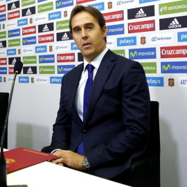 El seleccionador de fútbol, Julen Lopetegui, durante la rueda de prensa en la que ha anunciado su primera lista. - EFE