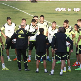 Vicente del Bosque da instrucciones a los internacionales en la Ciudad del Fútbol. /EFE