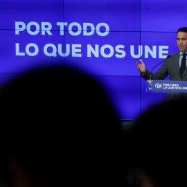 El secretario general del PP, Teodoro García Egea, durante la presentación del lema de su partido para las elecciones del 10 de noviembre. EFE/ Juan Carlos Hidalgo