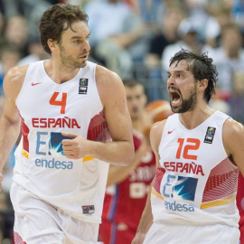 Spain's Sergio Llull y Pau Gasol, durante el encuentro.- LUKAS SCHULZE (EFE)