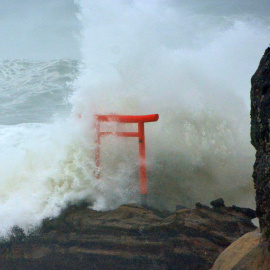 Las grandes olas provocadas por accidente Typhoon Lionrock contra una puerta "Torii" en una costa de la ciudad de Iwaki, Japón. REUTERS/ Kyodo