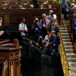 Pablo Iglesias durante su intervención en el debate de investidura de este miércoles en el Congreso de los Diputados.- EFE