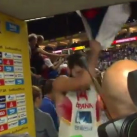 Mirotic, en el momento en que rompe la bandera de Serbia.