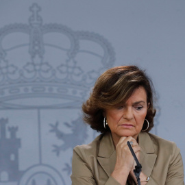La vicepresidenta del Gobierno en funciones, Carmen Calvo, en la rueda de prensa tras la reunión del Consejo de Ministros en el palacio de La Moncloa en Madrid. EFE/ Juan Carlos Hidalgo