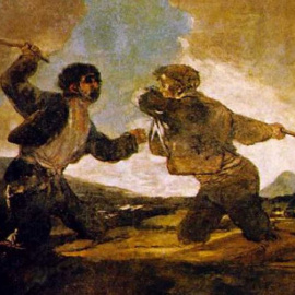 El cuadro Duelo a garrotazos, de Goya, está expuesto en el Museo del Prado.
