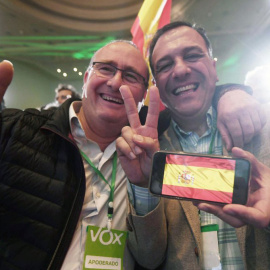 Dos activistas de VOX celebran el éxito de su partido en la noche electoral tras las autonómicas andaluzas. RAFA ALCAIDE | EFE