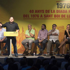 El líder de ERC, Oriol Junqueras durante su discurso en un acto político conjunto protagonizado por ERC, CUP y Podemos. - EFE