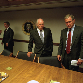 A file handout photo dated 11 September 2001 and provided by the US National Archives via the Vice Presidential Records of the Photography Office on 25 July 2015 shows former US President George W. Bush (R) and former US Vice President Dick