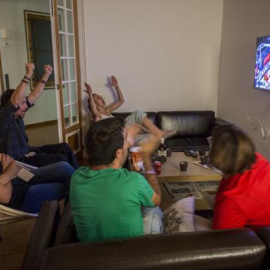 El líder de Podemos, Pablo Iglesias, levanta los brazos mientras ve el Francia-España. /TWITTER