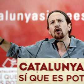 El secretario general de Podemos, Pablo Iglesias, durante su intervención esta tarde en un acto de campaña para el 27S de la candidatura Catalunya sí que es Pot. - EFE