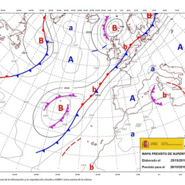 Mapa de isobaras facilitado por la Aemet previsto para el 26/10/2019. EFE/Aemet