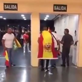 Los identificados como simpatizantes de Vox en el momento en el que increpan a varios asistentes a la 'Video Game Comic' que portaban banderas arcoiris.