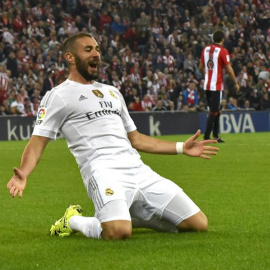 Karim Benzema celebra el primer tanto anotado ante el Athletic. - EFE